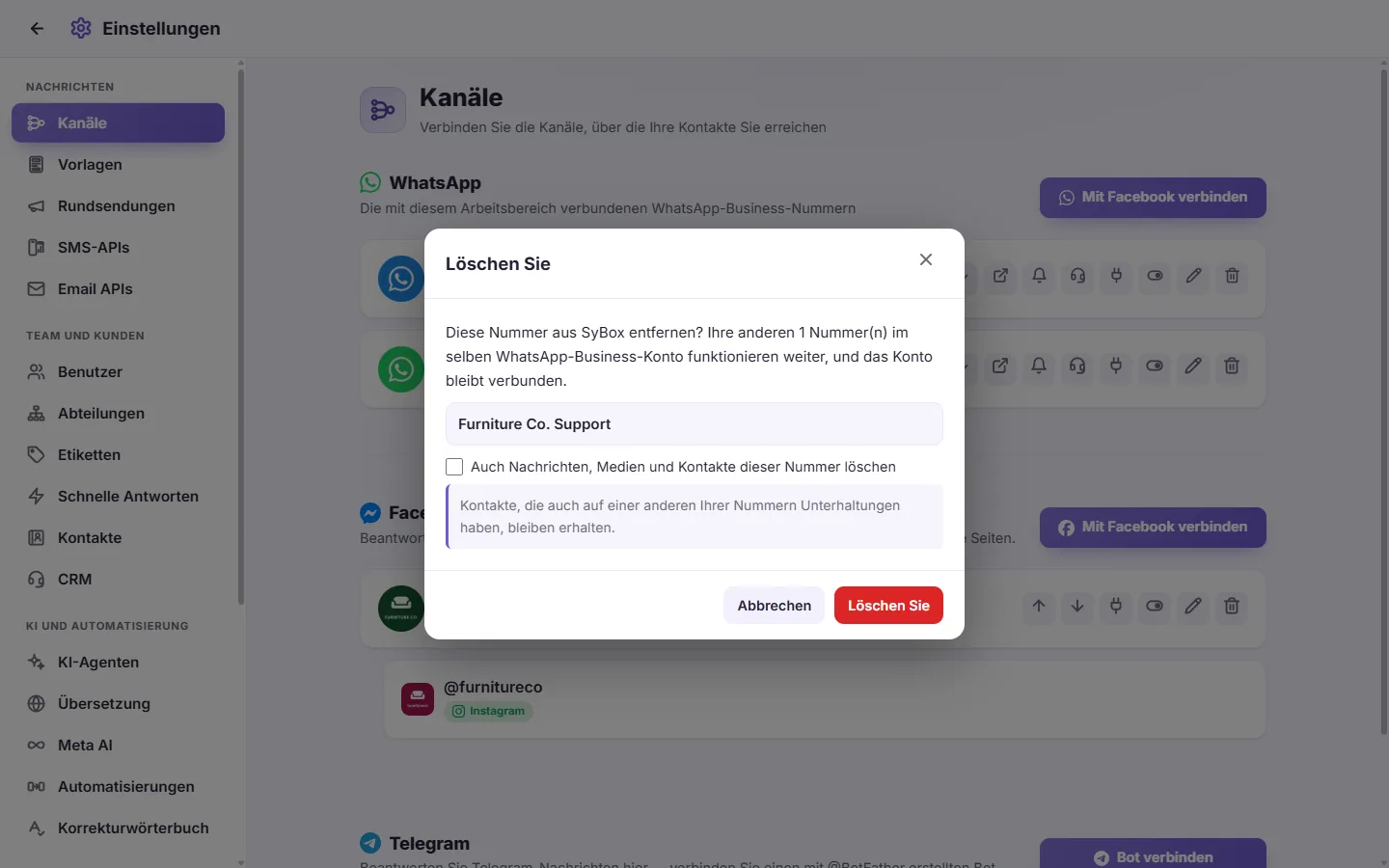The question SyBox asks before it deletes a number, with the option to erase its messages too