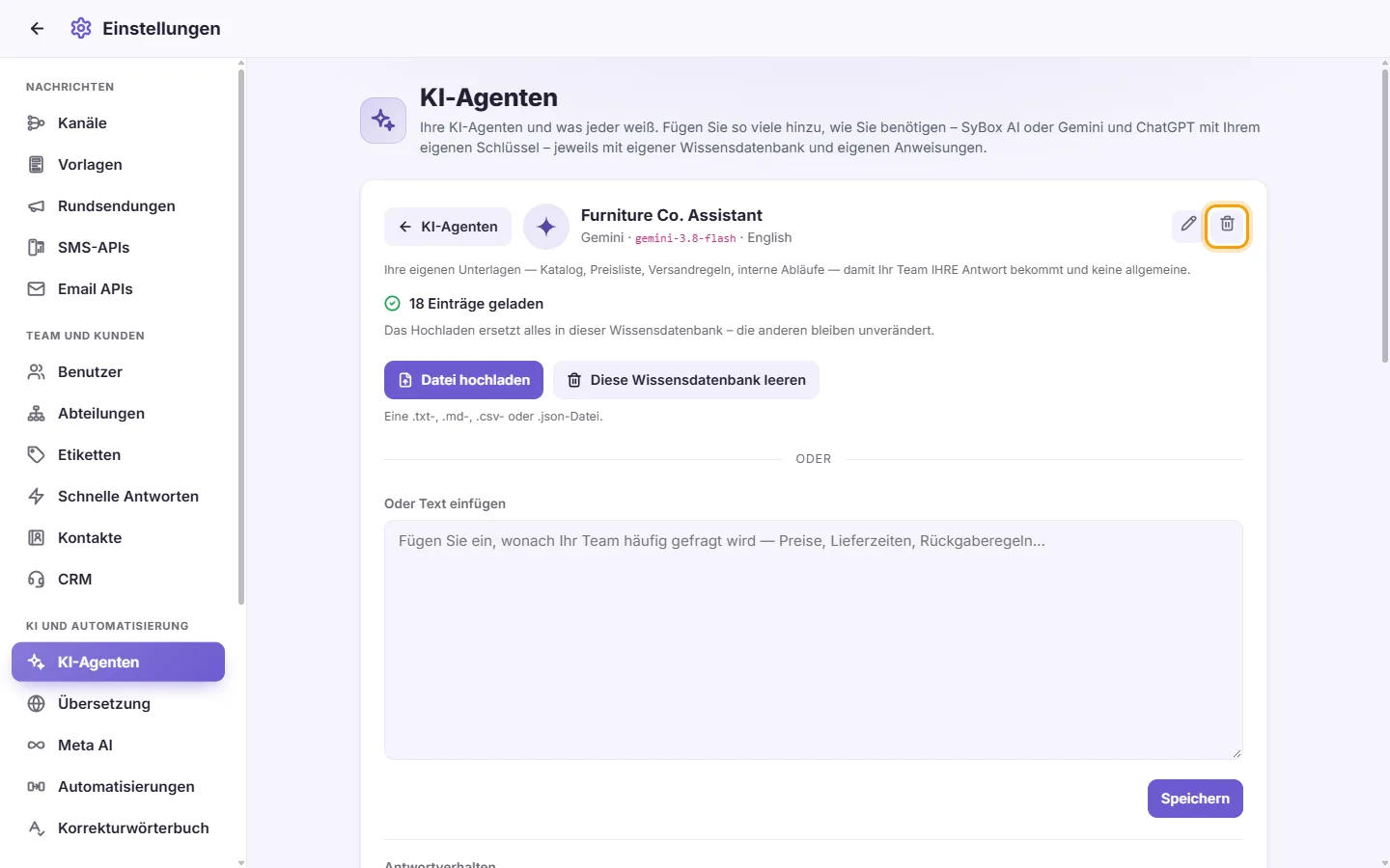 An agent's page: the trash next to its name deletes it