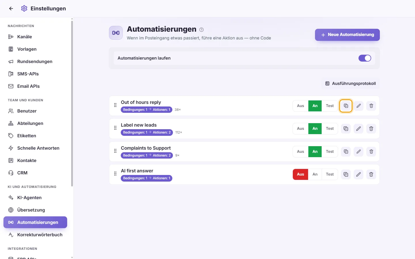 Settings, Automations: "Duplicate" (the copy icon) on an automation's row