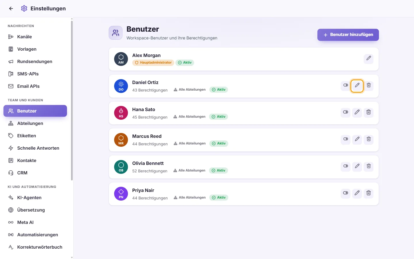 Settings, Users: the Edit button (the pen) on a user's card
