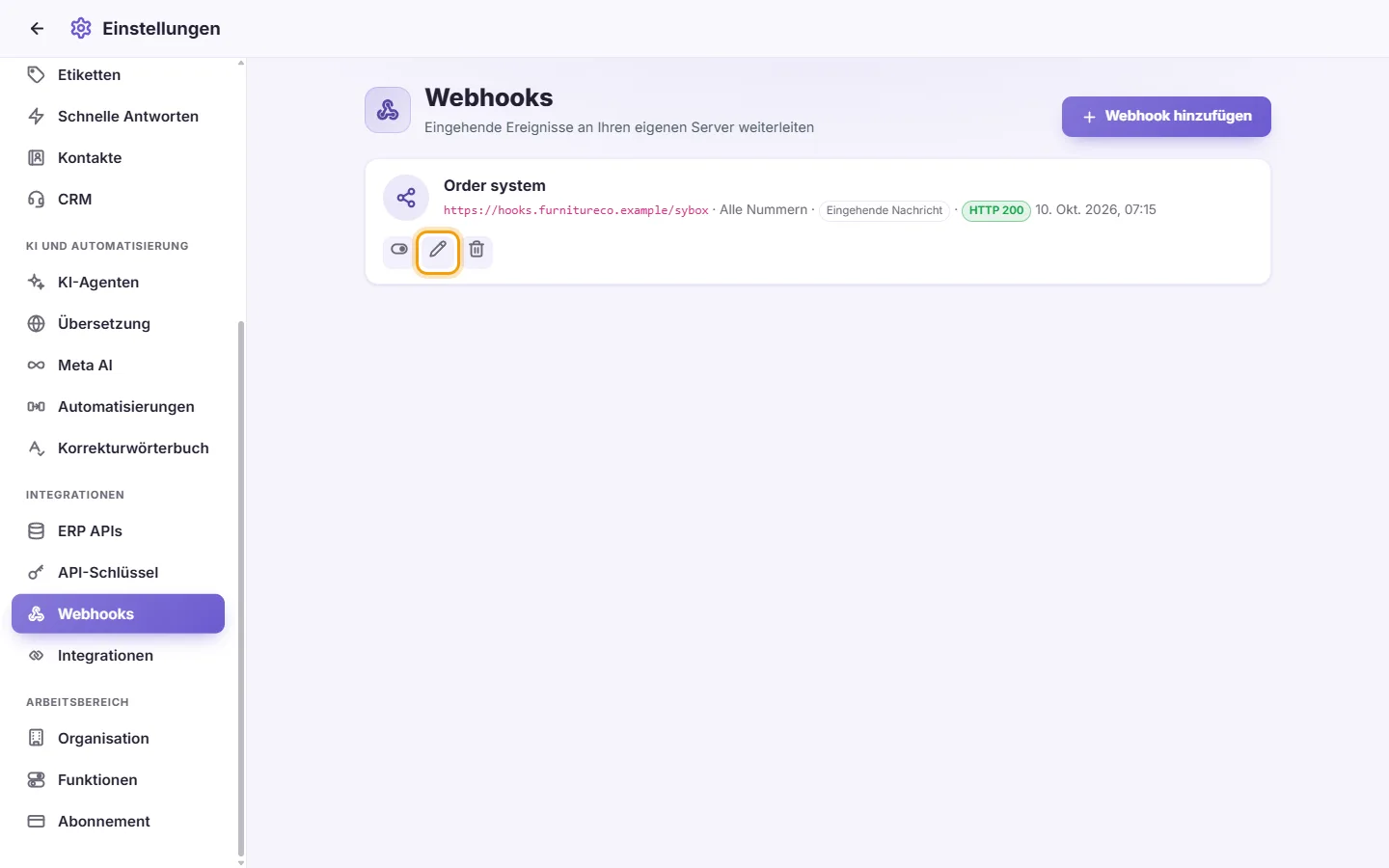 To edit, pause or delete a webhook: "Edit" marked on the screen in SyBox