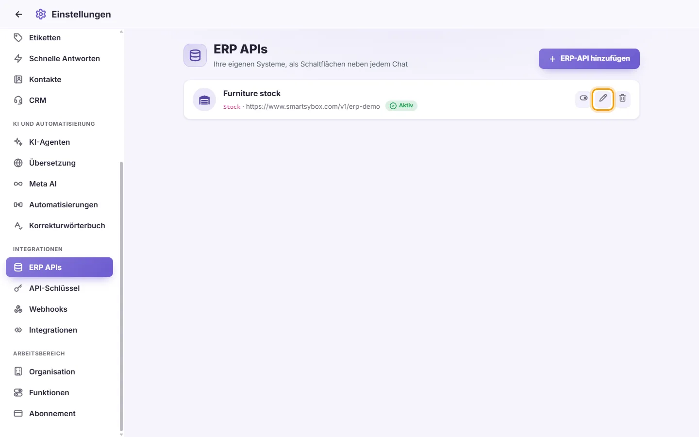 To edit, pause or delete an ERP API: "Edit" marked on the screen in SyBox