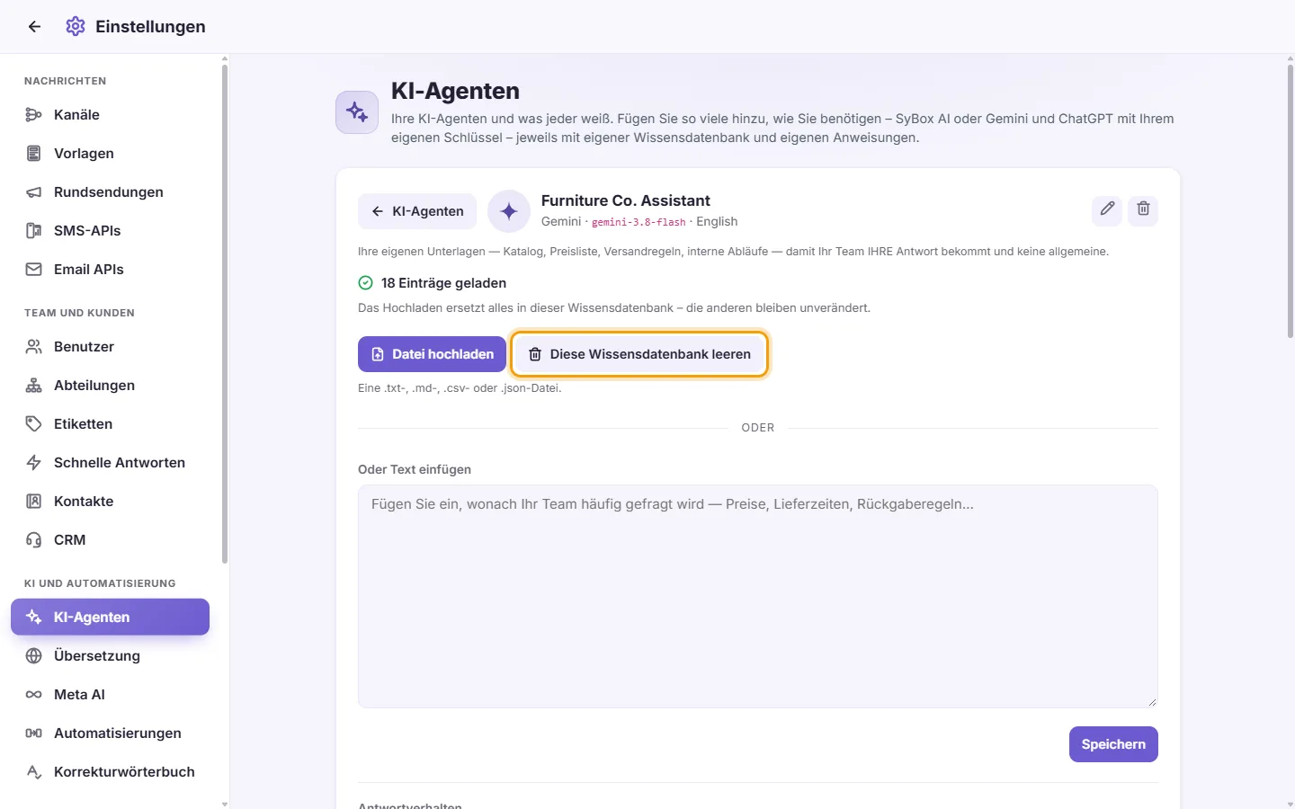 An agent's page: "Clear this knowledge base" (it works once something is loaded)