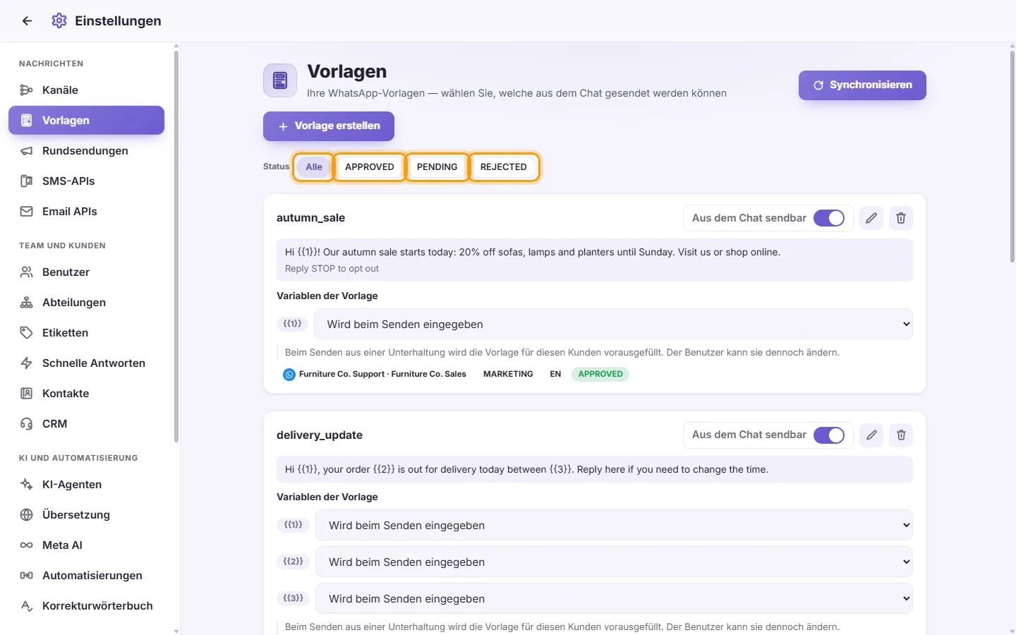 Settings, Templates: the filters All, APPROVED, PENDING and REJECTED above the cards