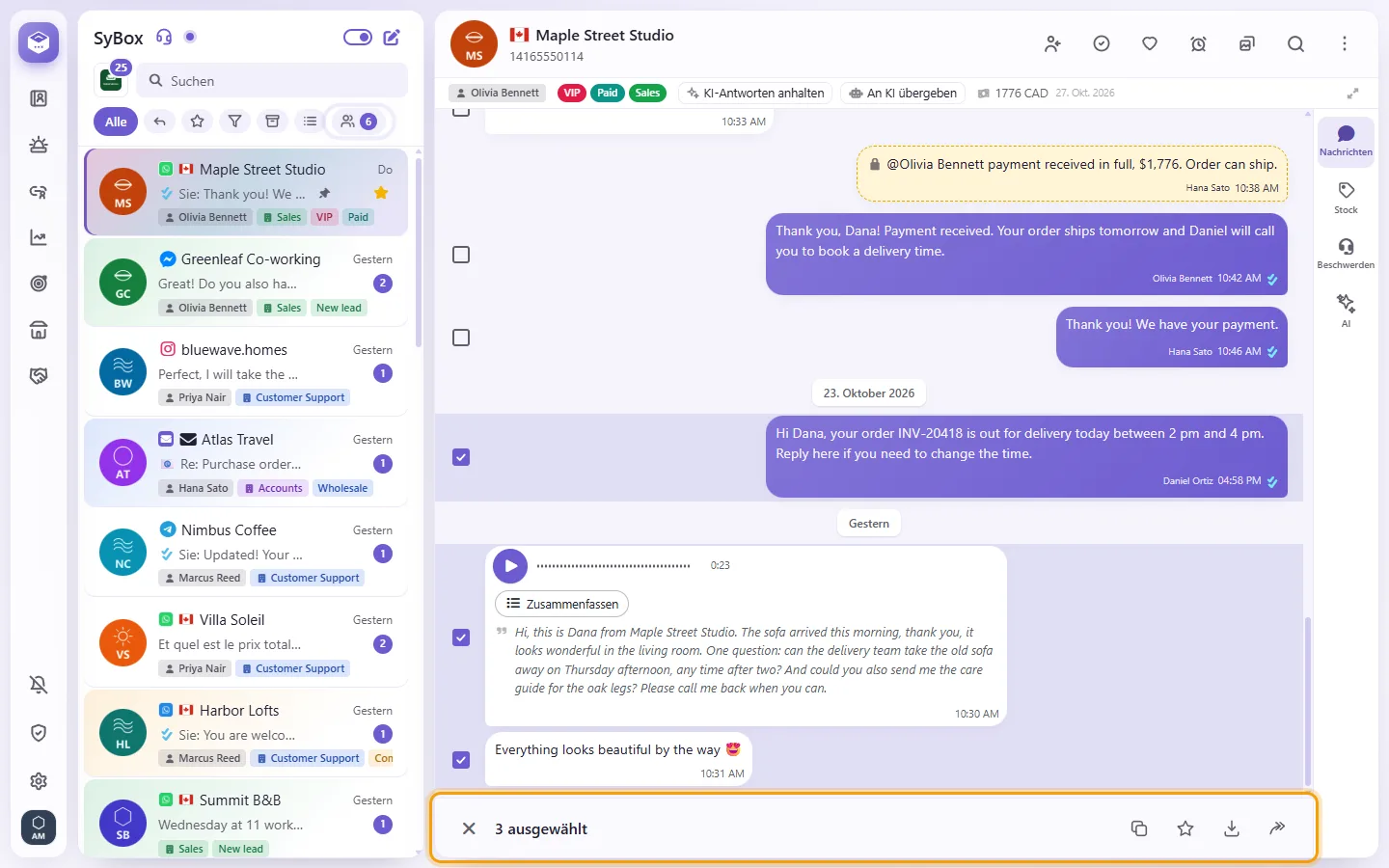 Three messages ticked in the chat, each box beside them filled; the bar below says "3 selected" with Copy, Star, Save and Forward