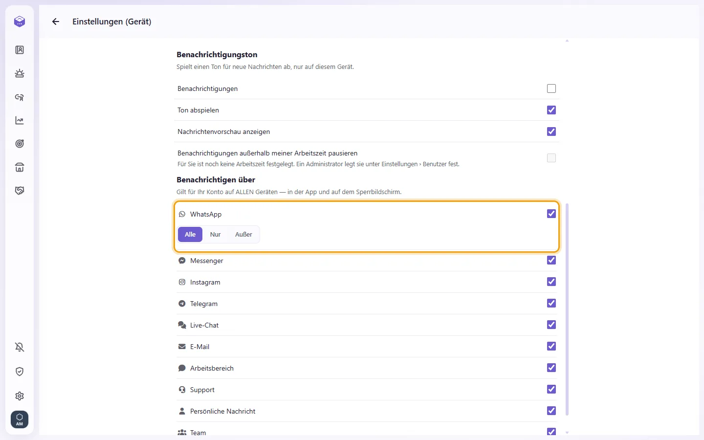 Preferences, Notify me about: a channel's All / Only / Except