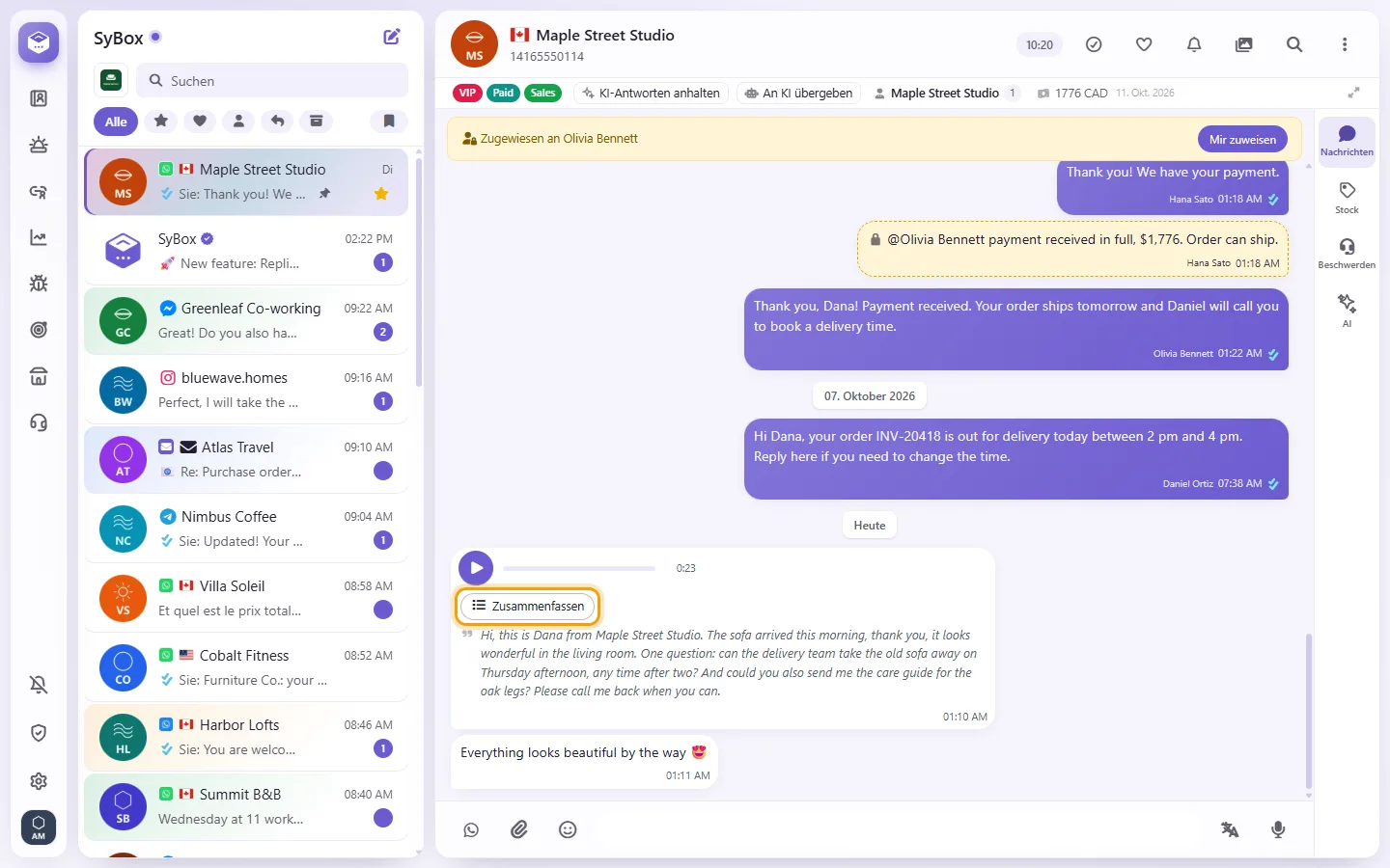 A 23-second voice note with its transcript and the "Summarize" button