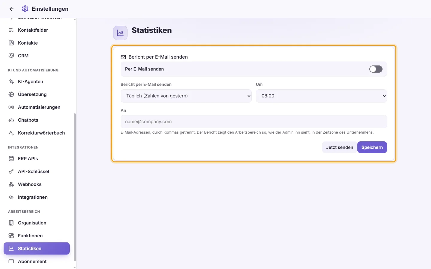 Settings, Analytics: "Email this report", daily or weekly, the hour, To, Save and Send now