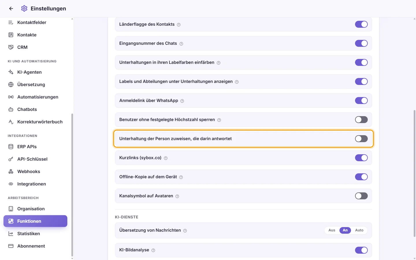 Settings, Features: "Assign a conversation to whoever replies in it"