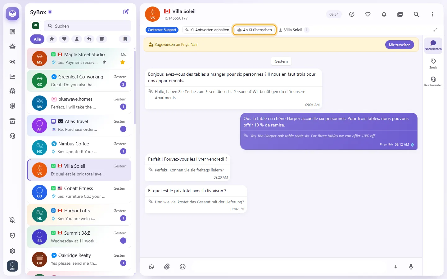 A conversation a teammate answered, so the AI is quiet: the "Hand to AI" button in the bar under the name