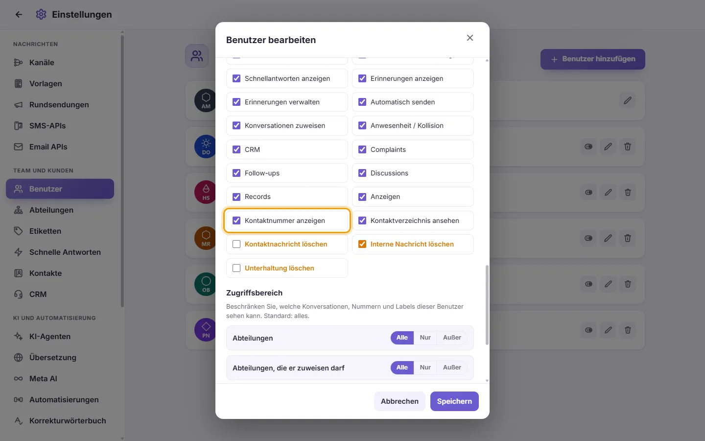 The Edit user window: the "Show contact number" permission, untick it to hide customers' numbers