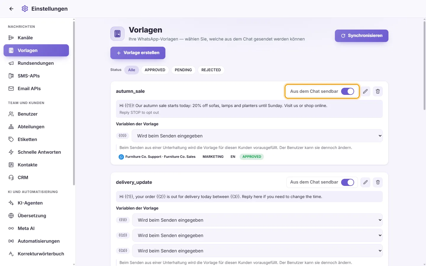 To let the team send a template from conversations: "Sendable from chat" marked on the screen in SyBox