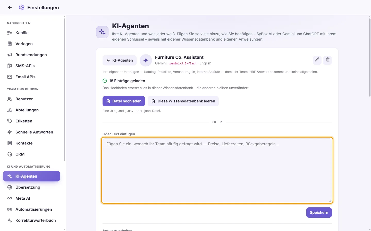 An agent's page: the "Or paste the text" box for its knowledge base