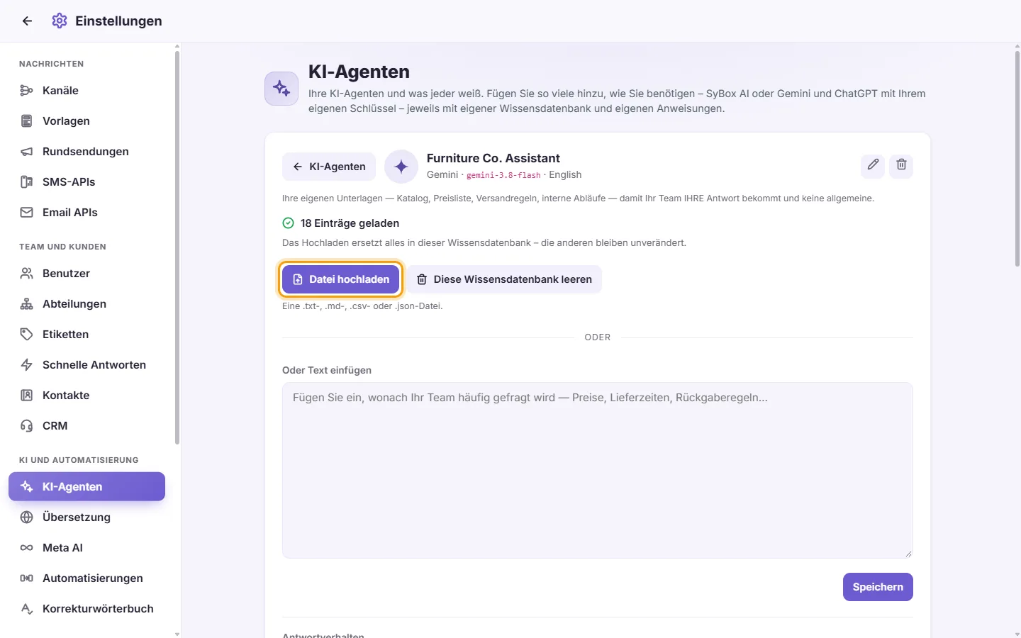 An agent's page: the "Upload a file" button for its knowledge base