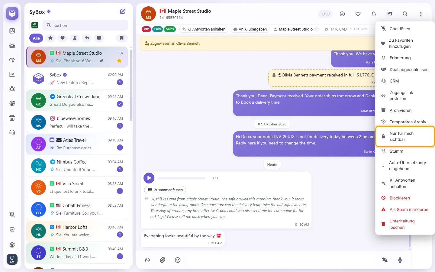 To make a conversation visible to you only: "Visible to me only" marked on the screen in SyBox