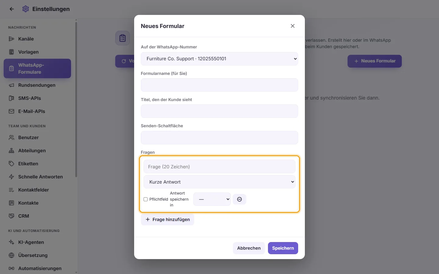 A WhatsApp form's questions: the question, its kind, Required and "Save the answer in"