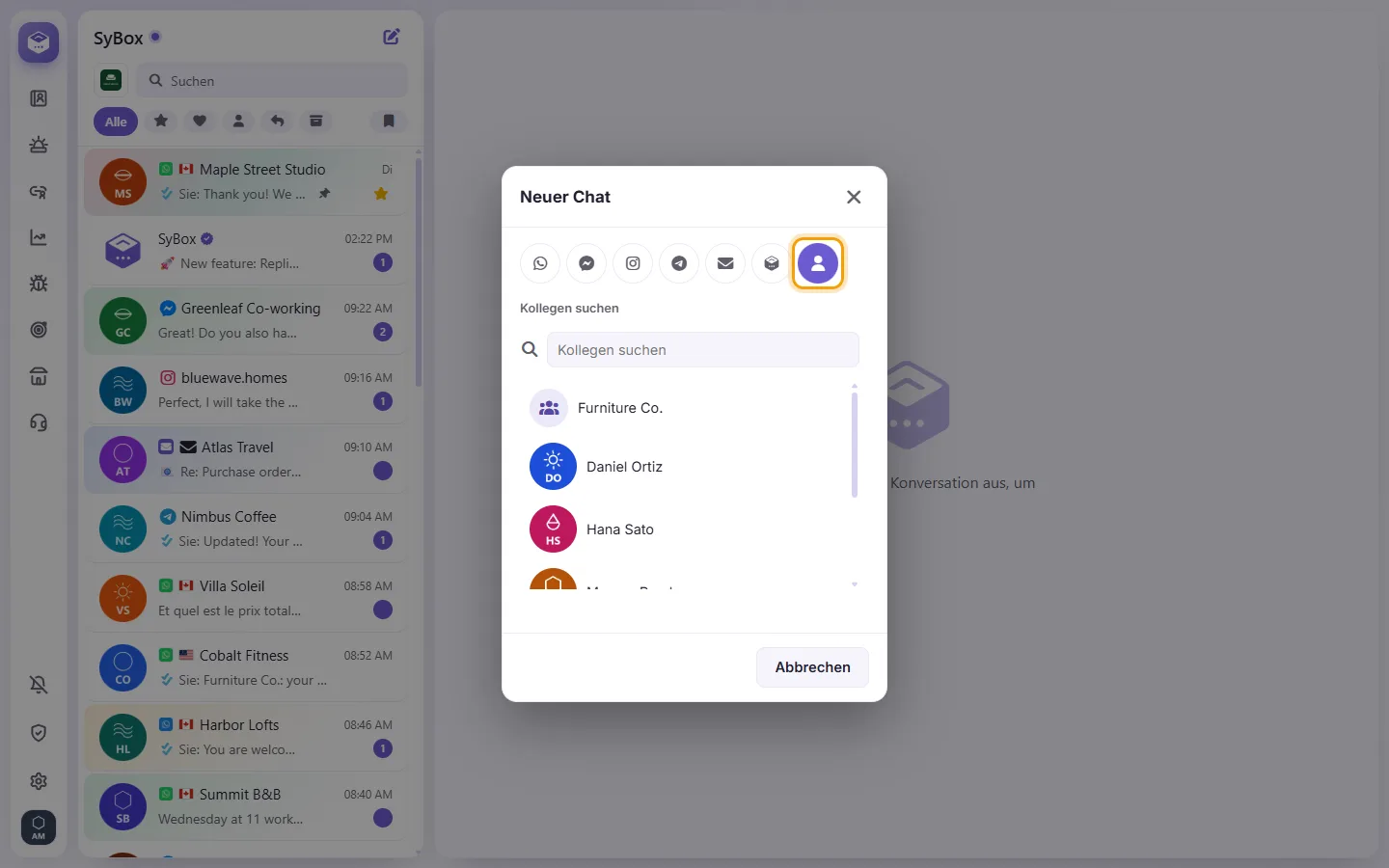The New chat window on its "Personal message" tab: pick a colleague to write to