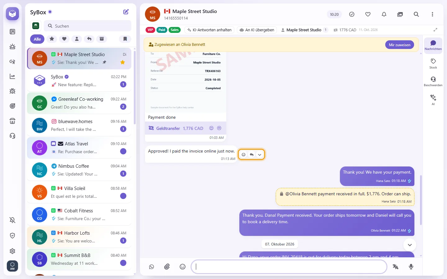Pointing at a message shows its actions: React, Reply and More