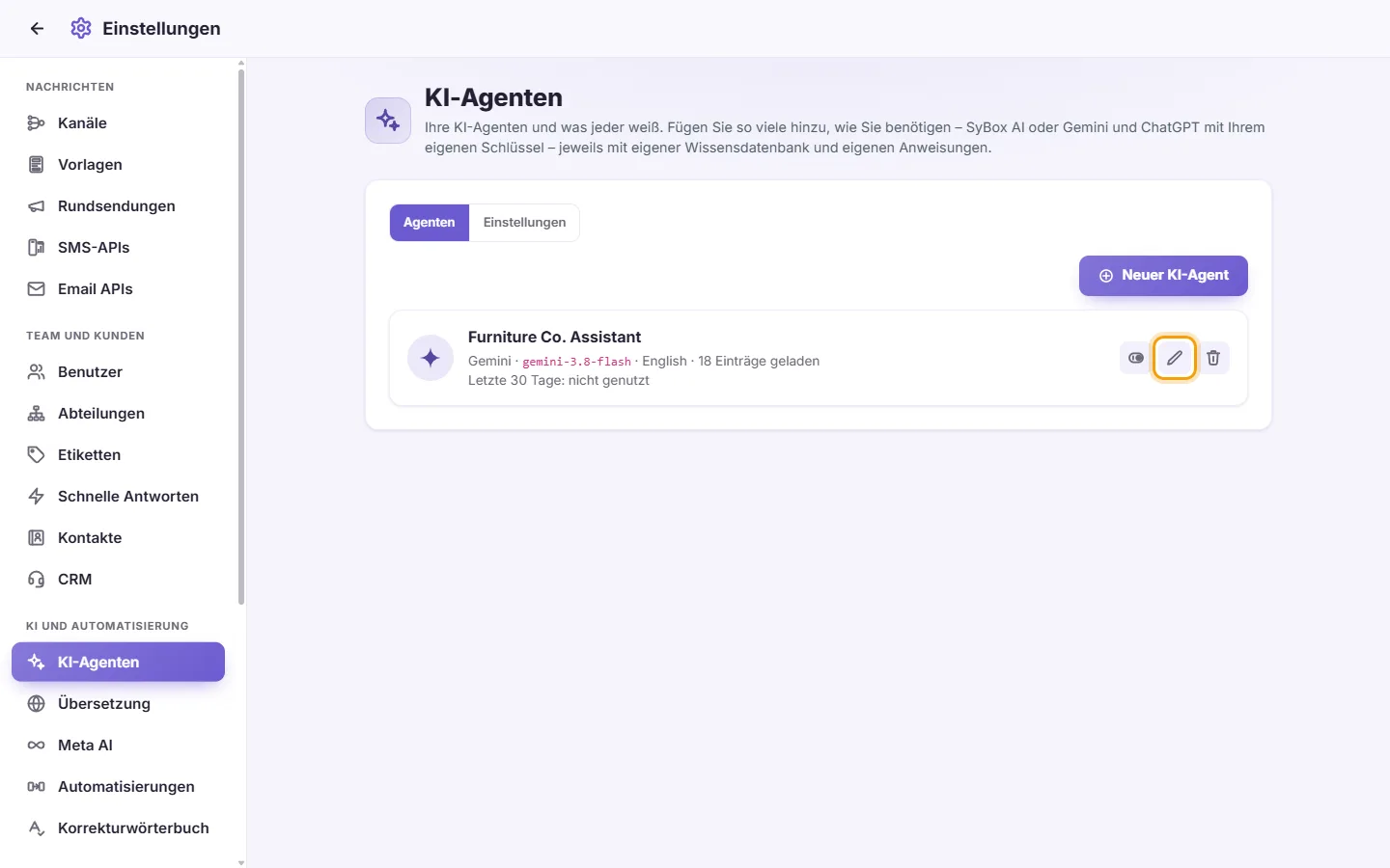 Settings, AI Agents: the pen on an agent's card opens its page