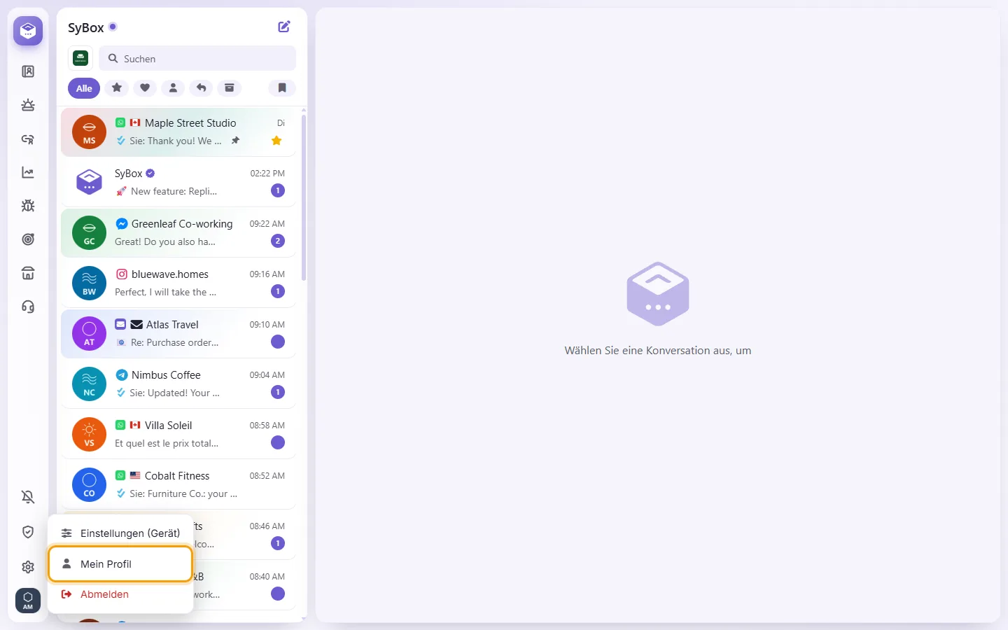 The menu under your picture at the bottom of the left bar, with "My profile"