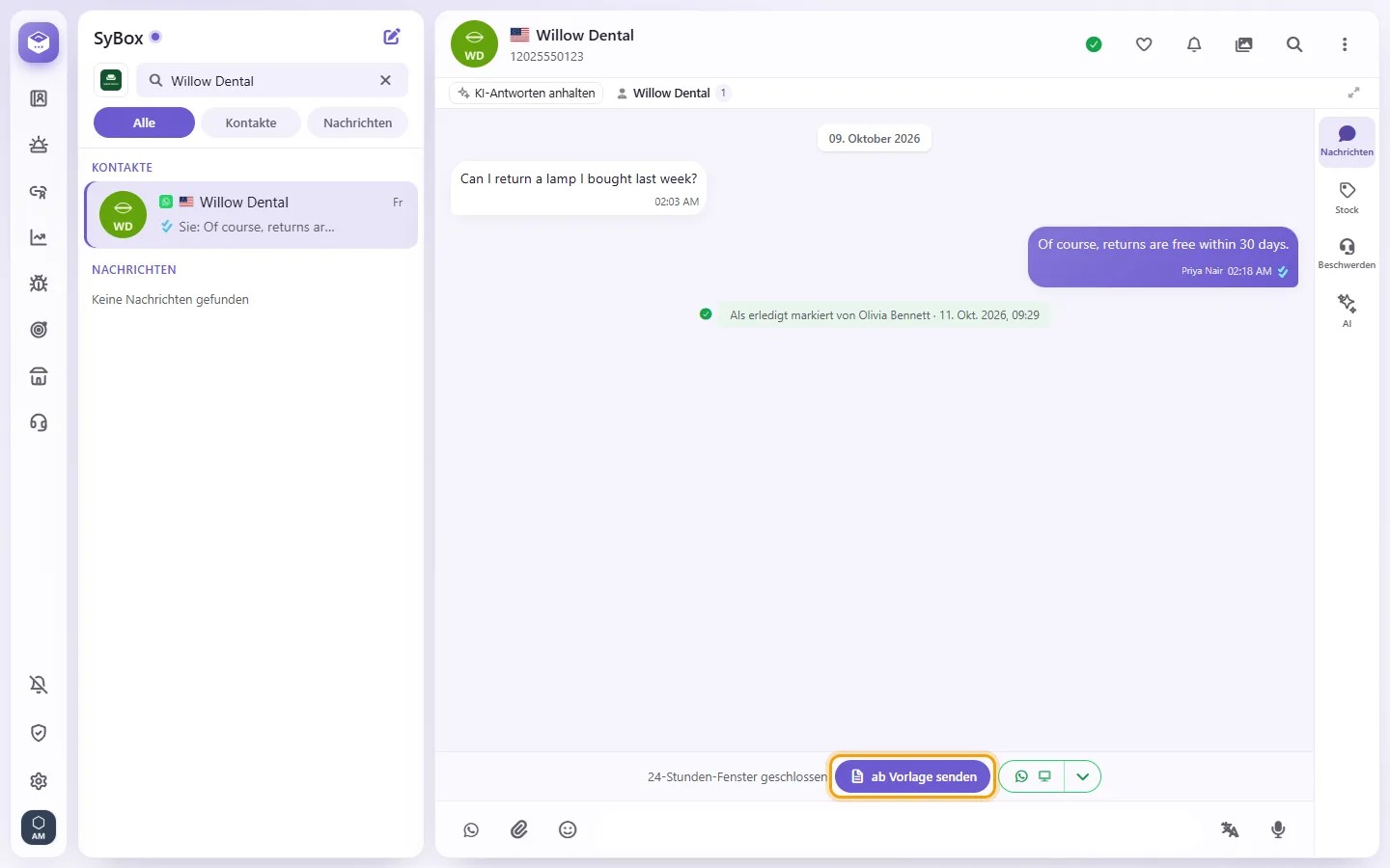 To reach the customer when the window is closed: "Send template" marked on the screen in SyBox