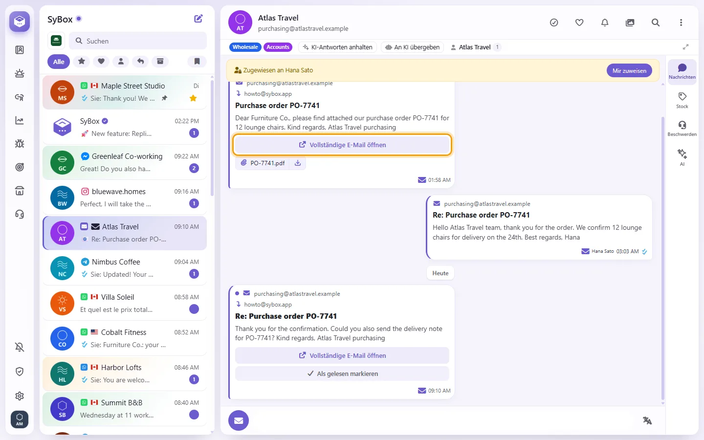 To read an email: "Open full email" marked on the screen in SyBox