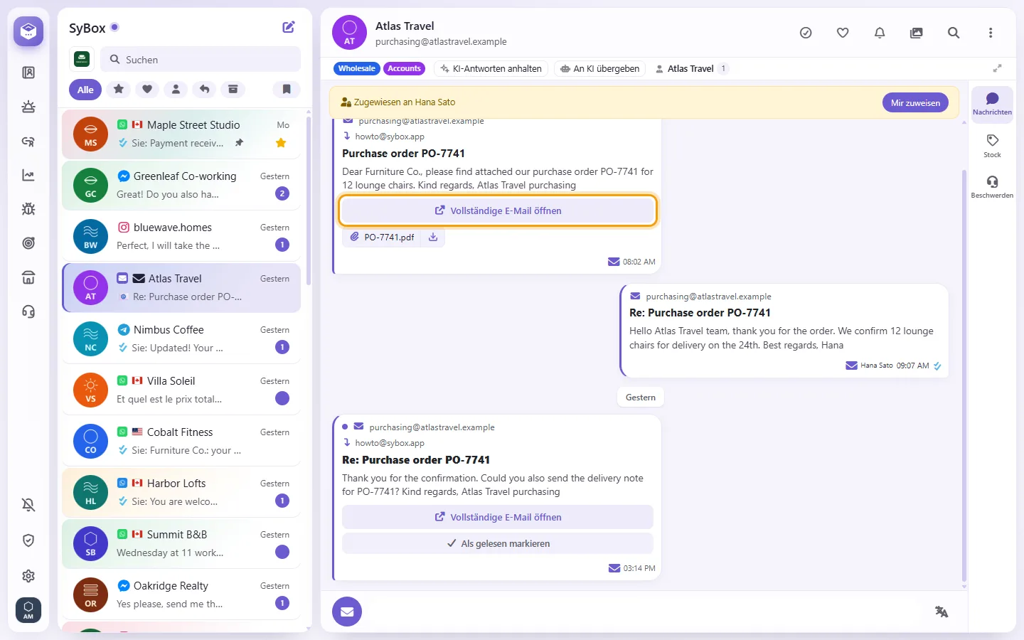 To read an email: "Open full email" marked on the screen in SyBox