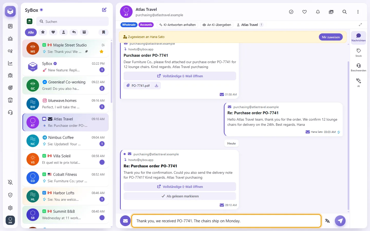An email conversation: the reply typed in the box at the bottom, sent as an email