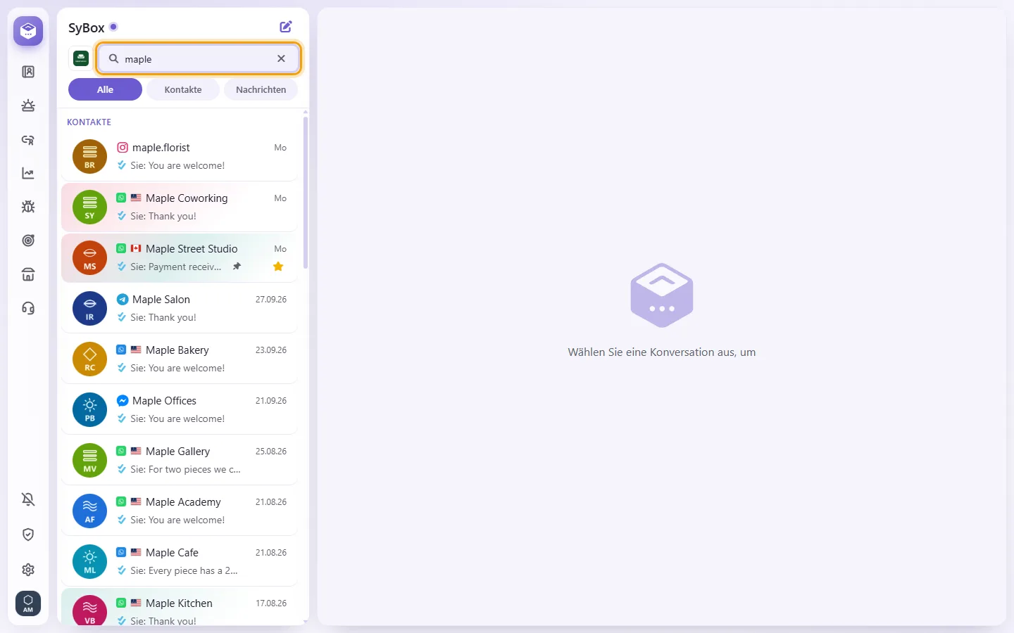 Searching the conversation list for "maple"