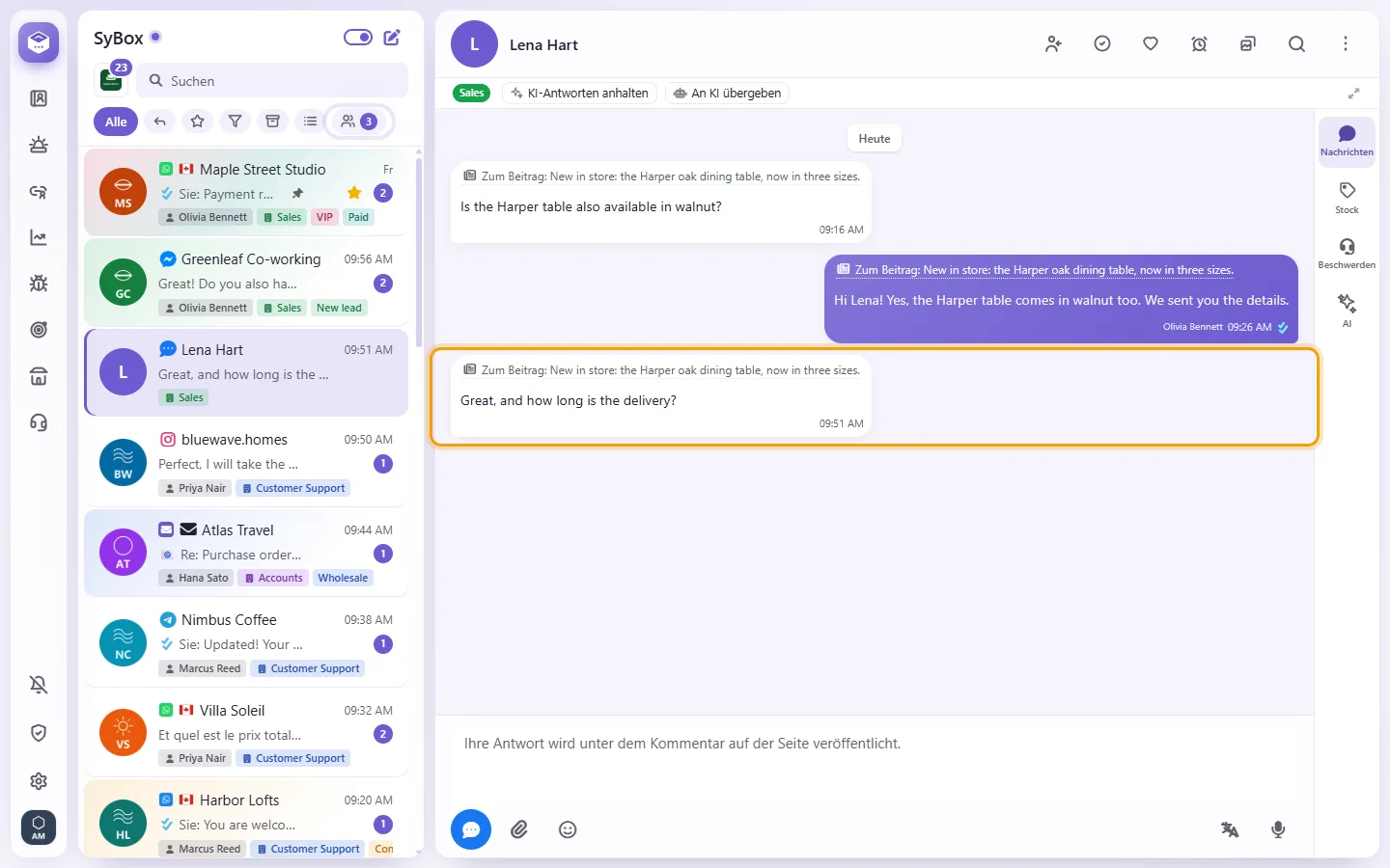 A comment from the Page's post in the inbox: "On post:" with the post's first words, and "View post"