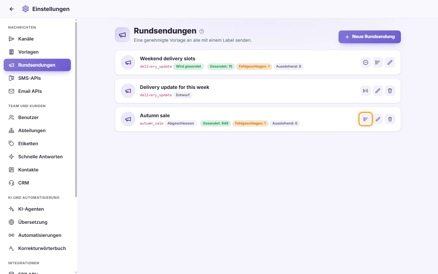 Settings, Broadcasts: the Results button on a finished broadcast