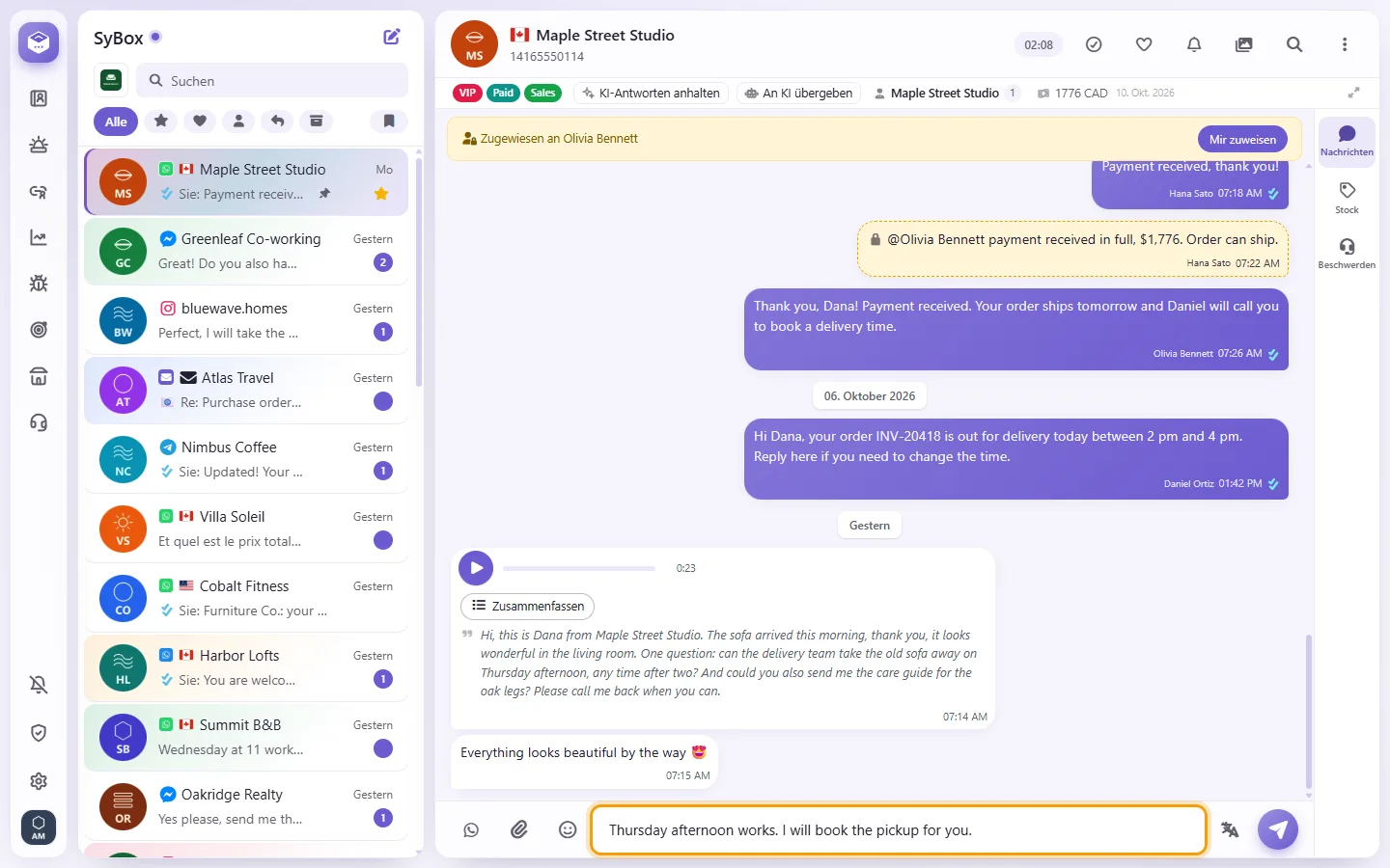 An open conversation, with a reply typed in the message box at the bottom