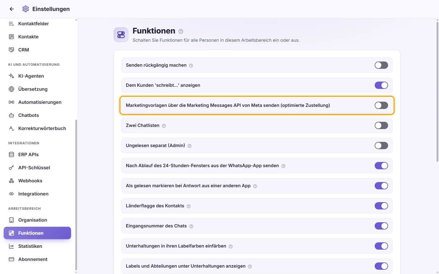Settings, Features: marketing templates through Meta's Marketing Messages API