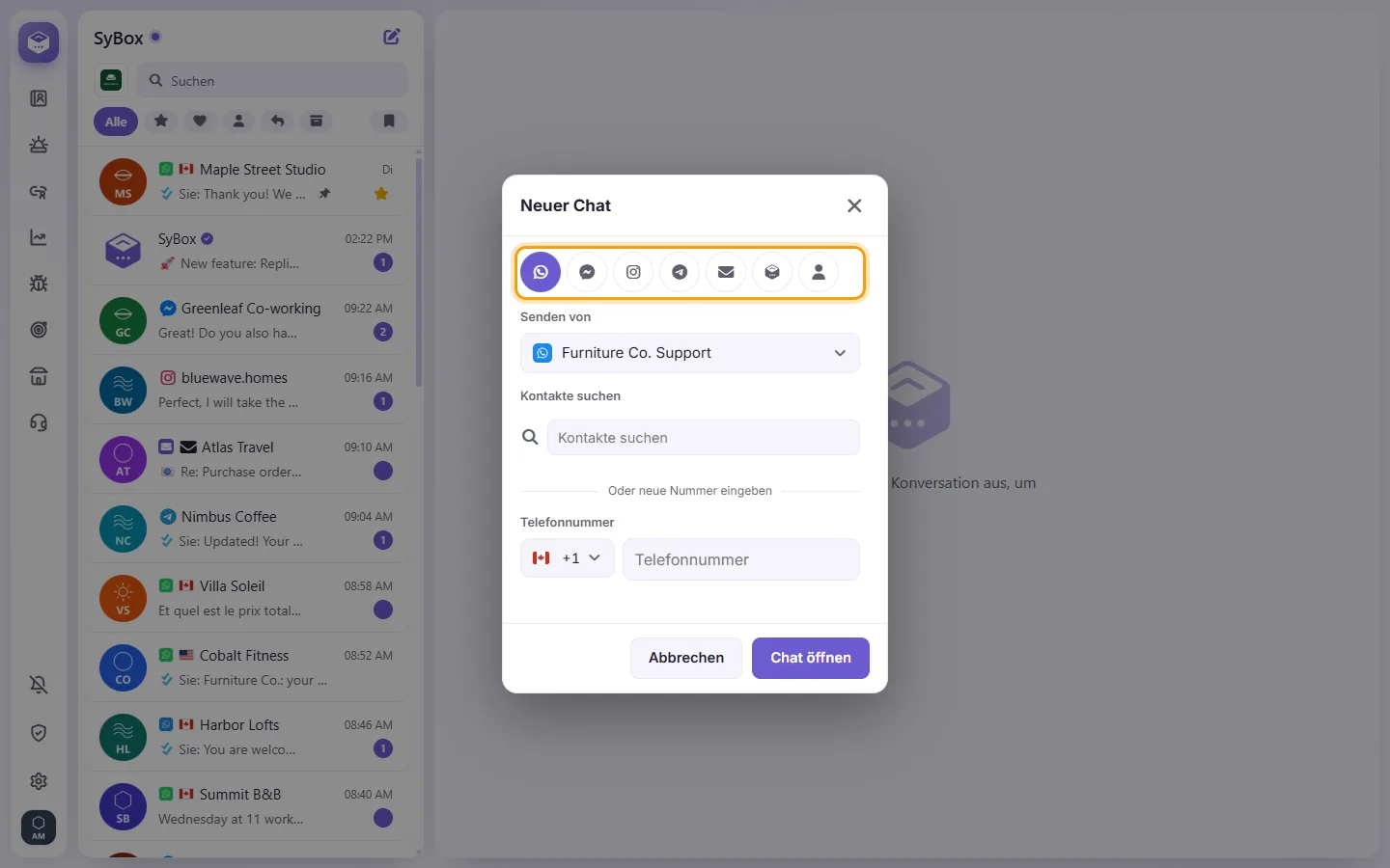 The New chat window: a tab for each channel, then the number it is sent from and the contact