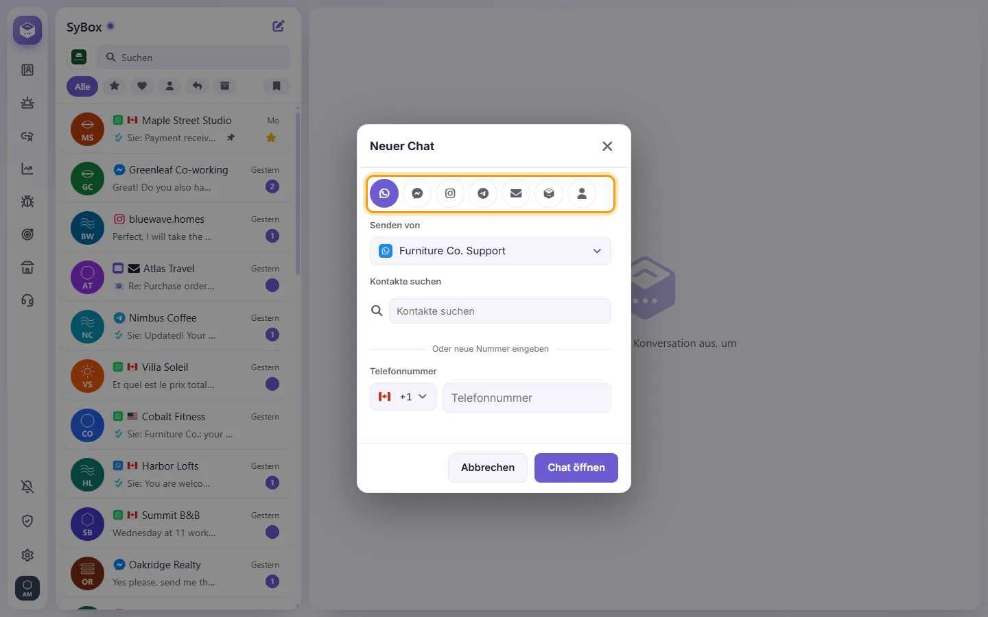The New chat window: a tab for each channel, then the number it is sent from and the contact
