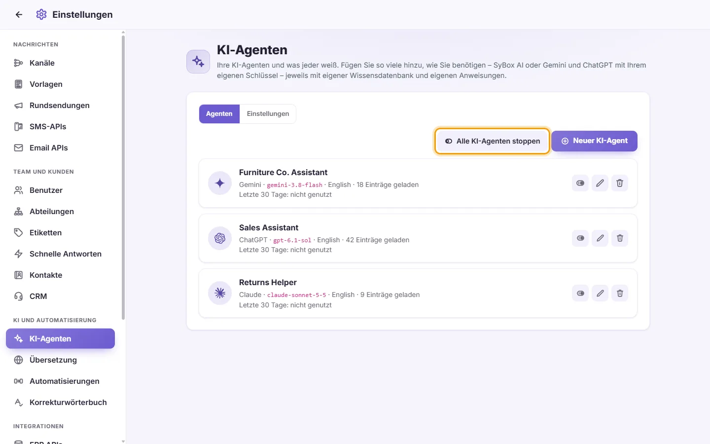 Settings, AI Agents: "Stop all AI agents" beside "New AI agent"