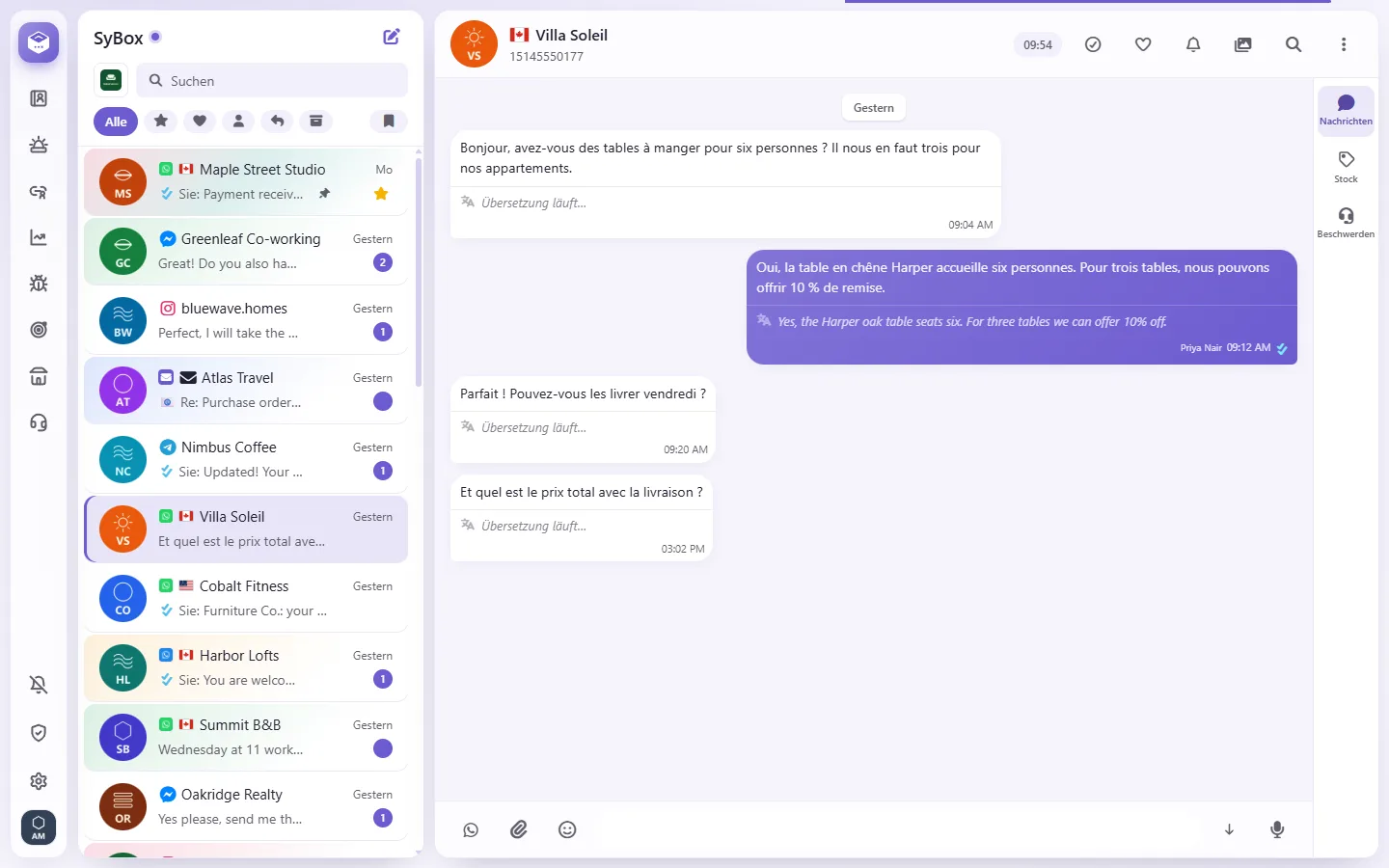 The bar under a conversation's name: the customer's department, "Stop AI replies" and "Hand to AI"