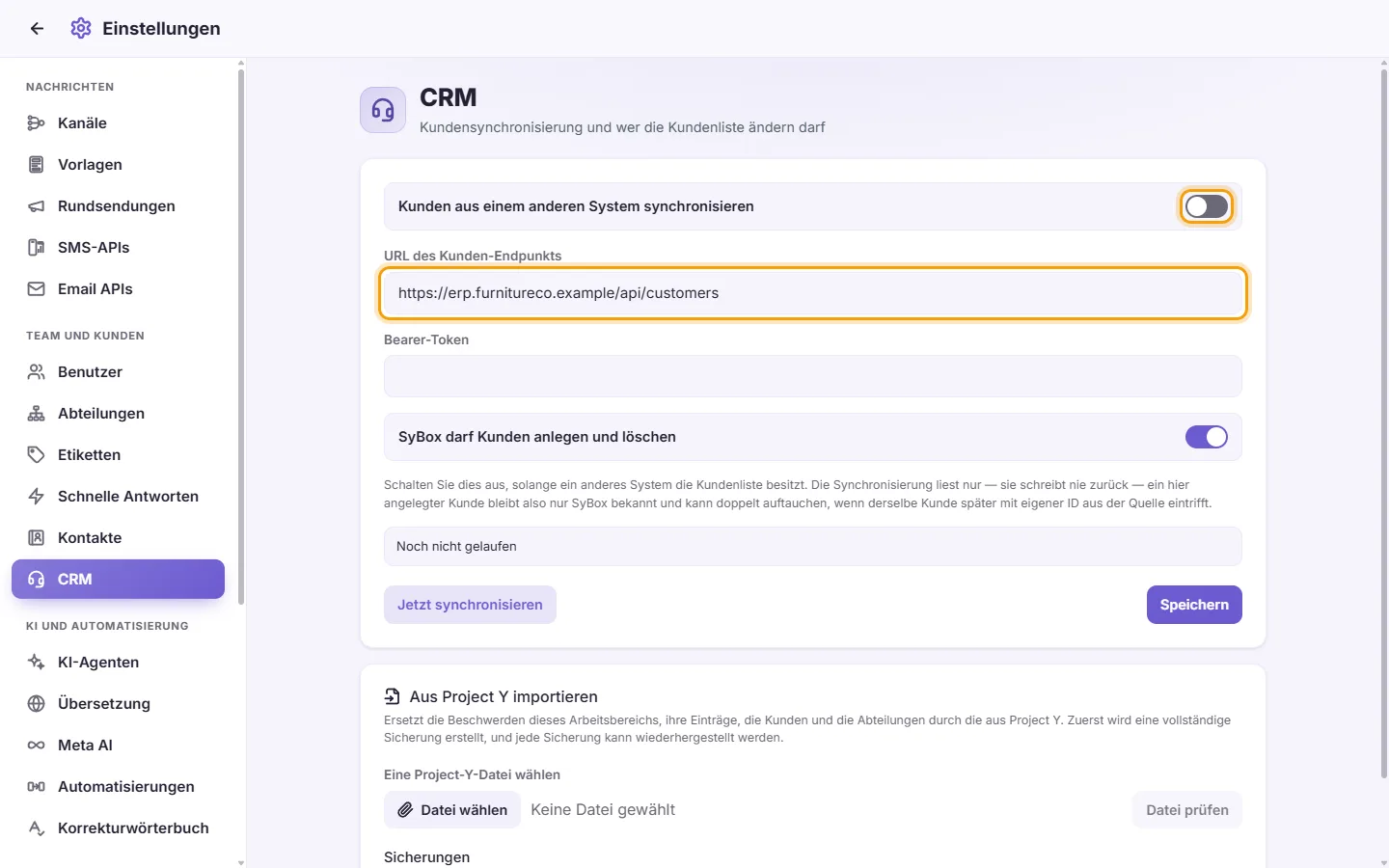 Settings, CRM: the "Sync customers from another system" switch and the address SyBox reads the customers from
