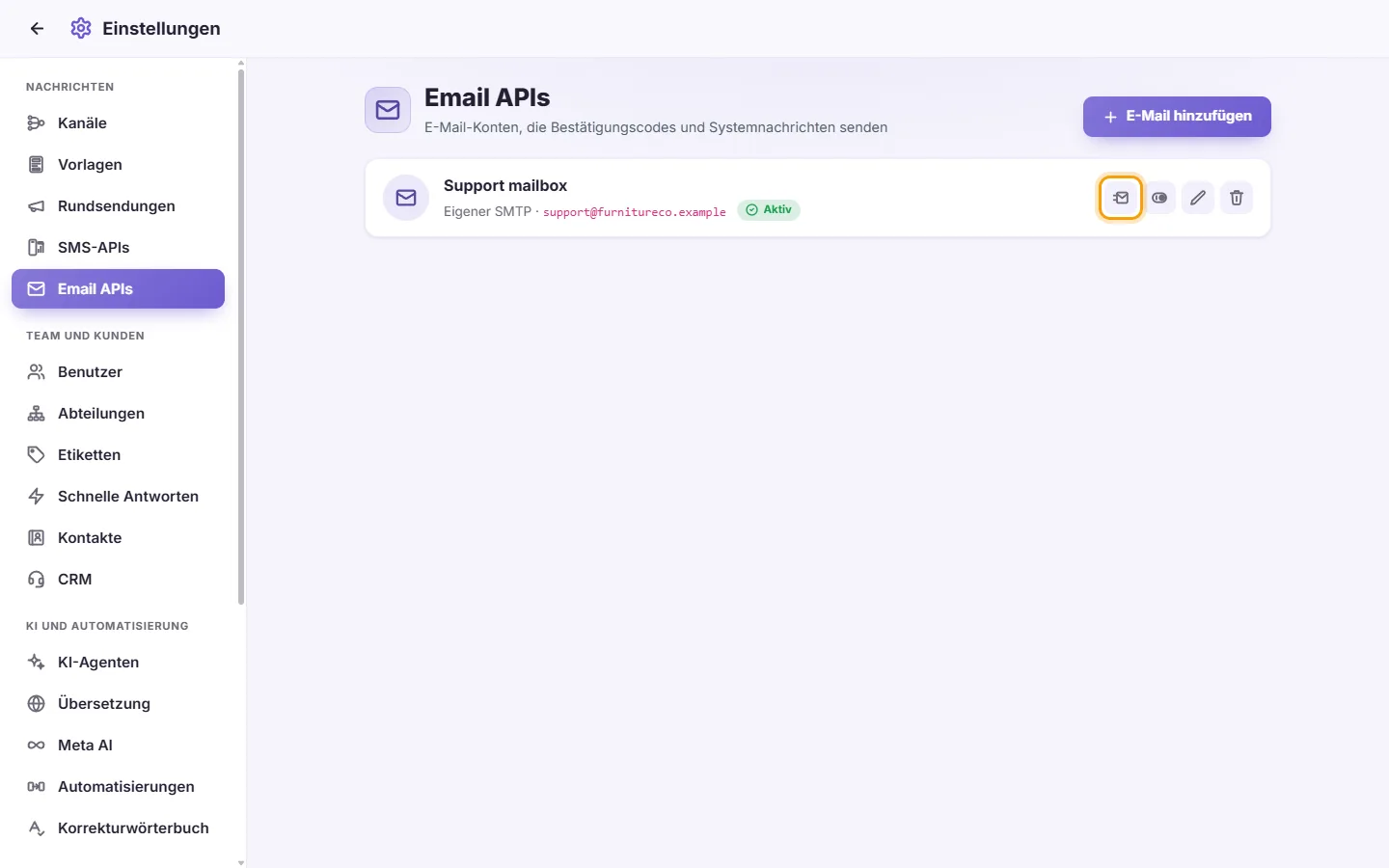 To test an email account: "Send a test email" marked on the screen in SyBox