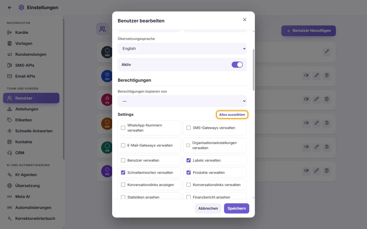 The Edit user window: the "Select all" button of the Settings permissions