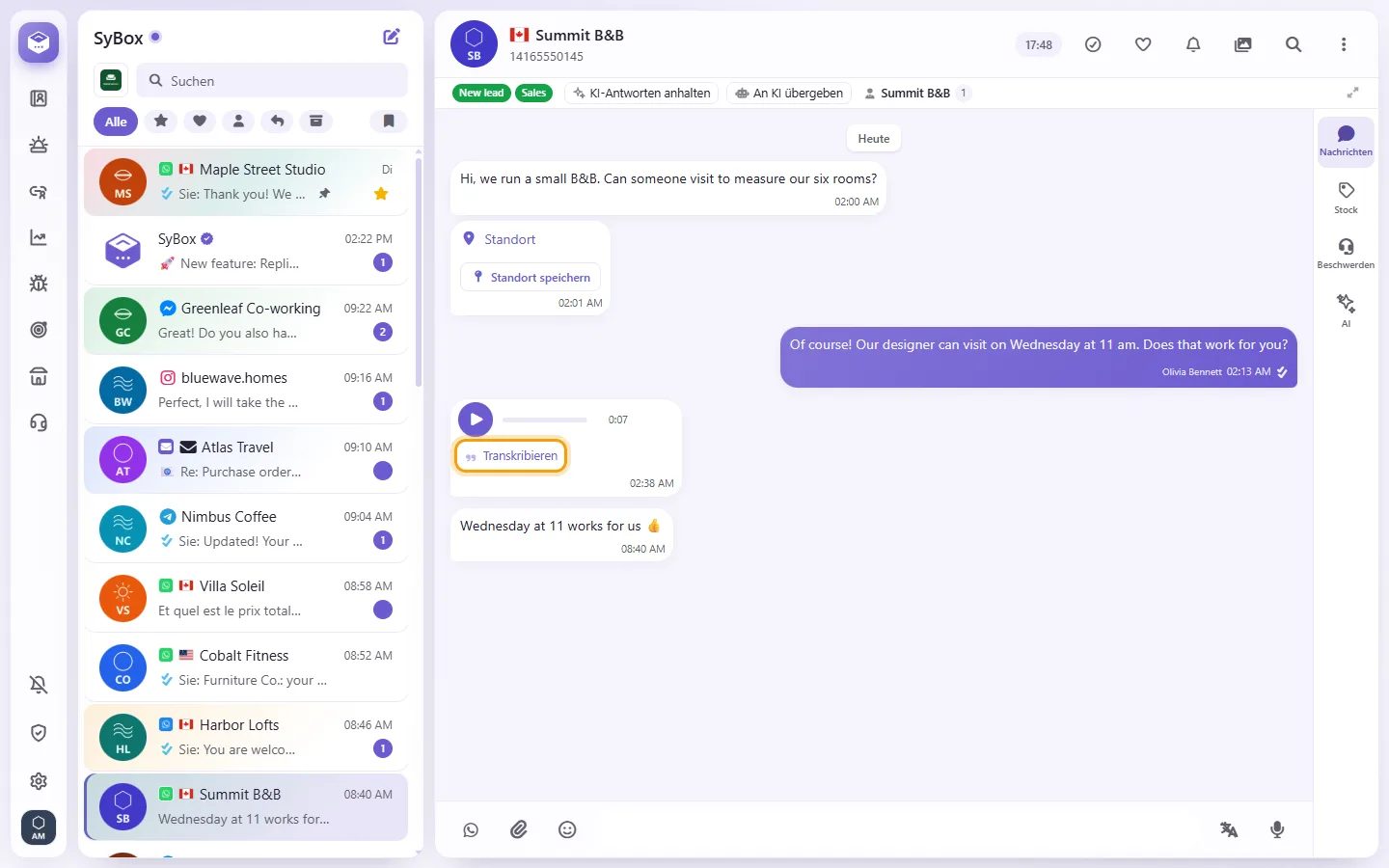 A customer's voice note with its "Transcribe" button