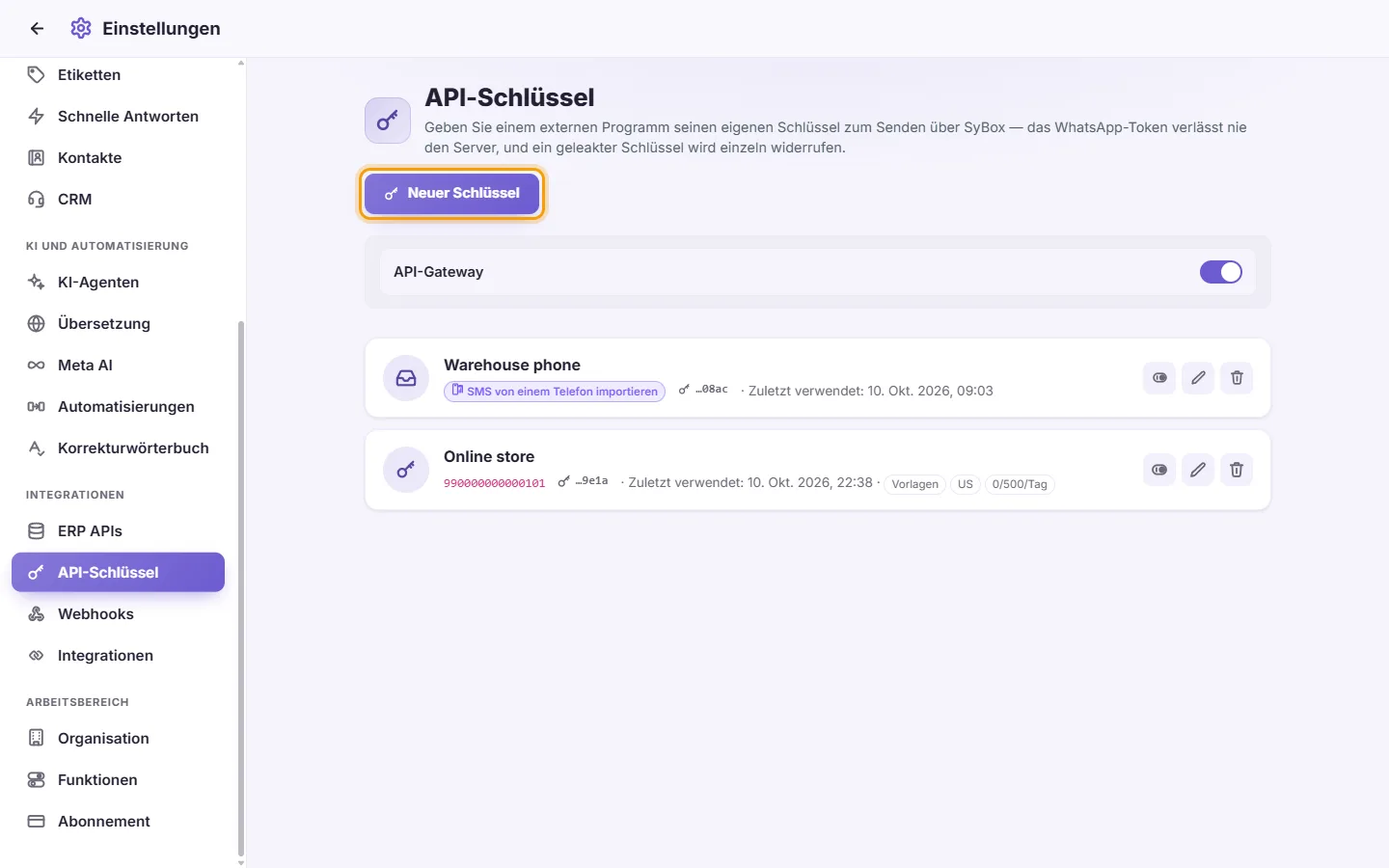 Settings, API keys: keys that let another program send through SyBox, and the "New key" button