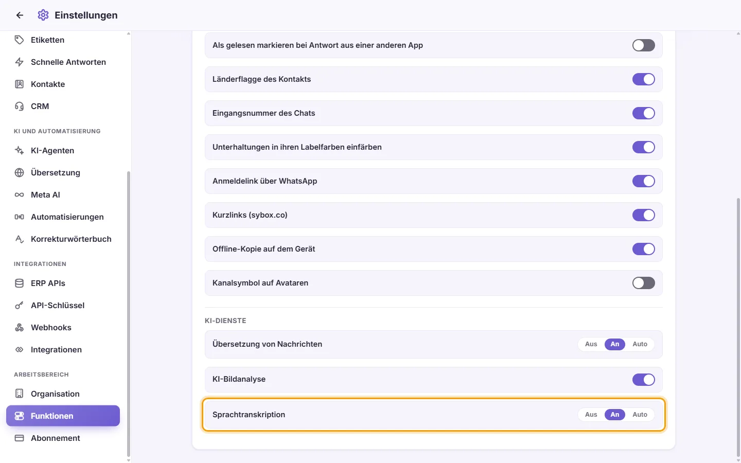 Settings, Features, AI services: "Voice transcription" with its Off, On and Auto choices