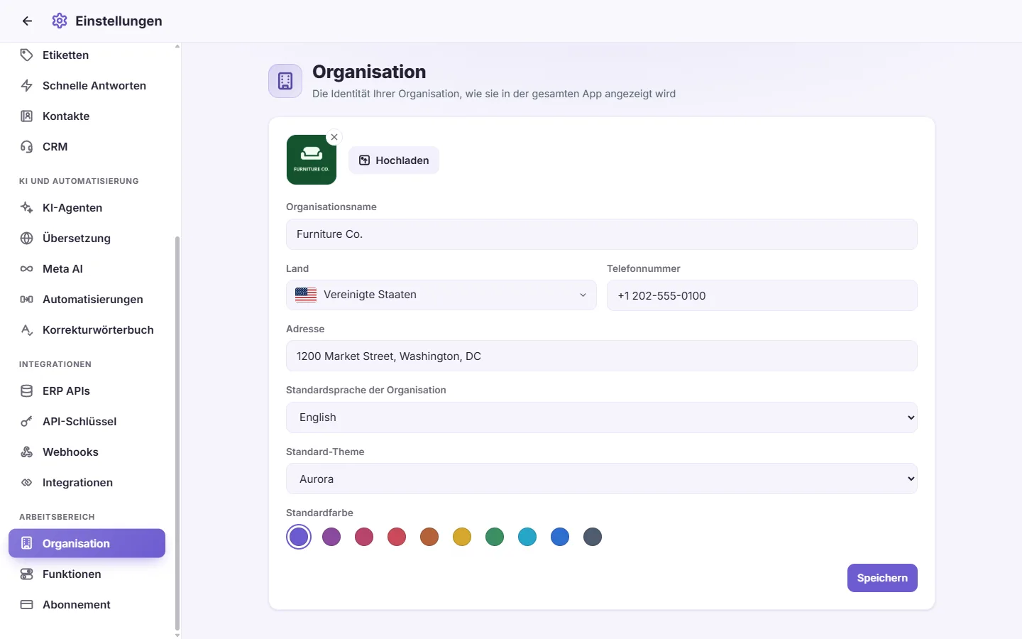 Settings, Organization: the business's name, logo, phone, address and country