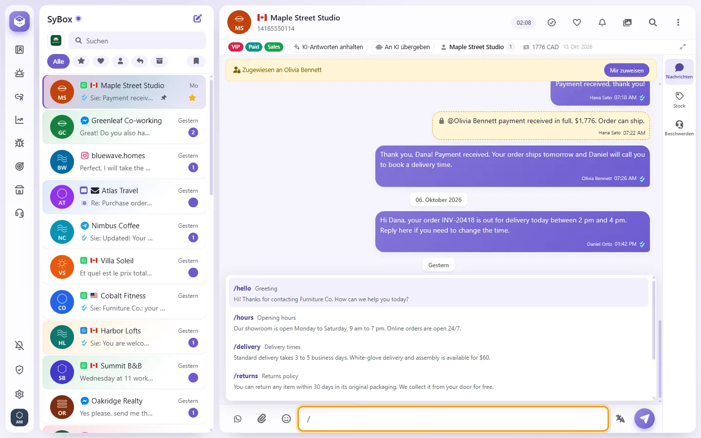 Typing a slash in the message box opens the quick replies