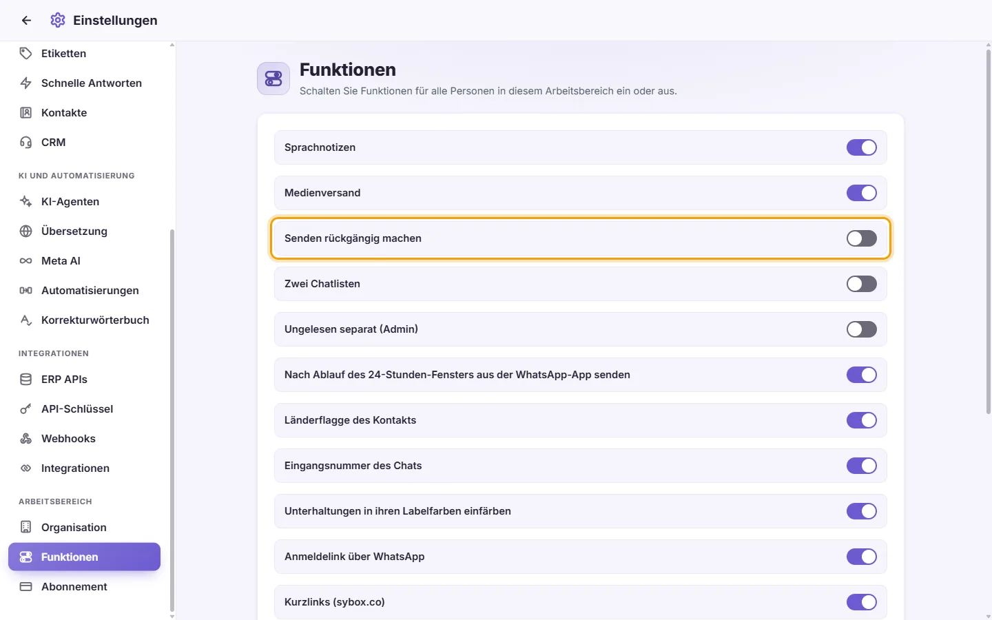 Settings, Features: each feature has a switch; clicking it saves at once