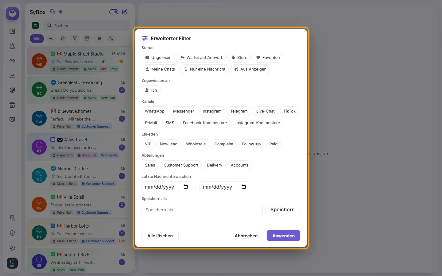 The advanced filter: status, assigned to, channels, labels, departments, contact fields, dates, and "Save as"