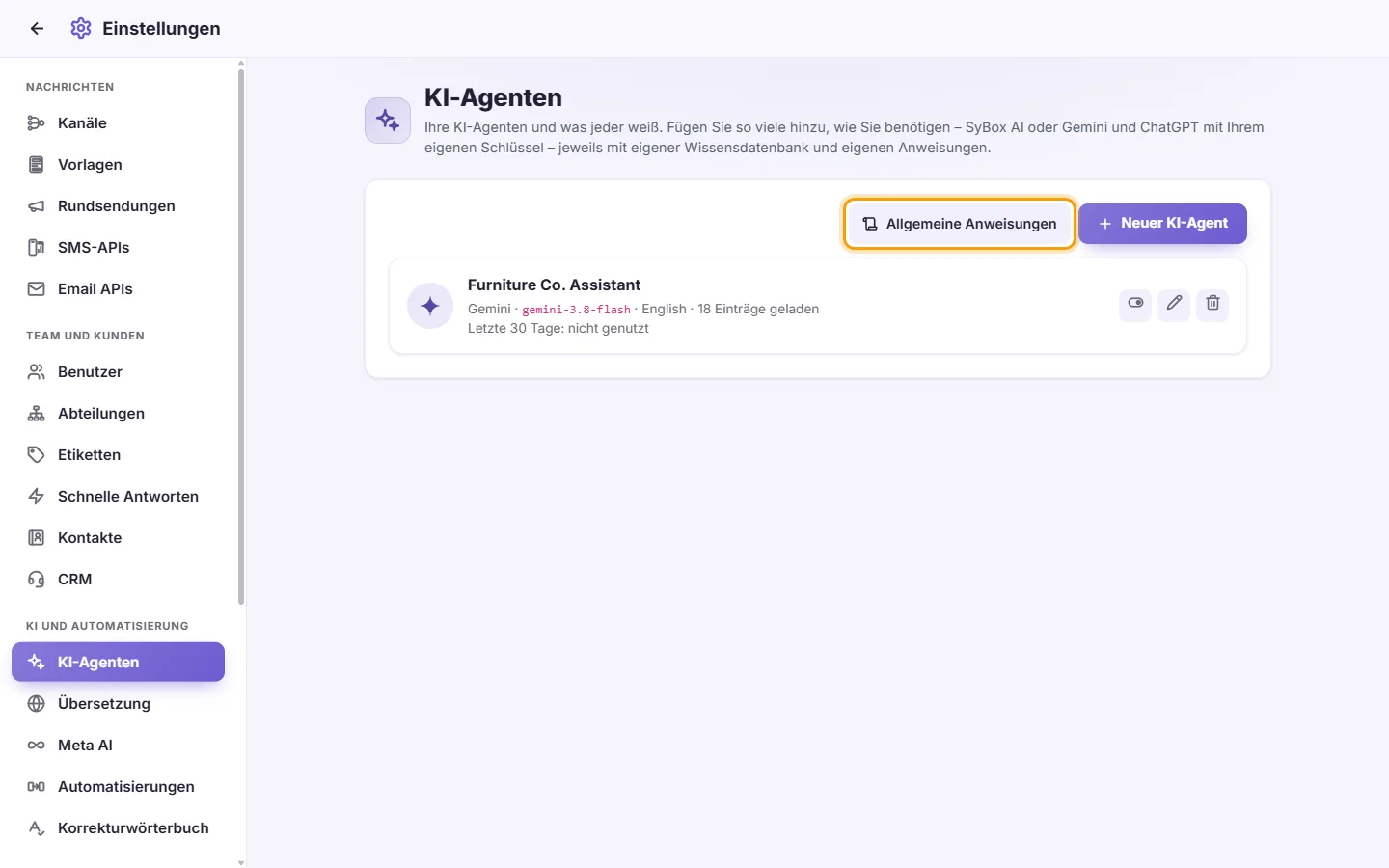 Settings, AI Agents: the "Settings" tab, where the instructions for every agent are