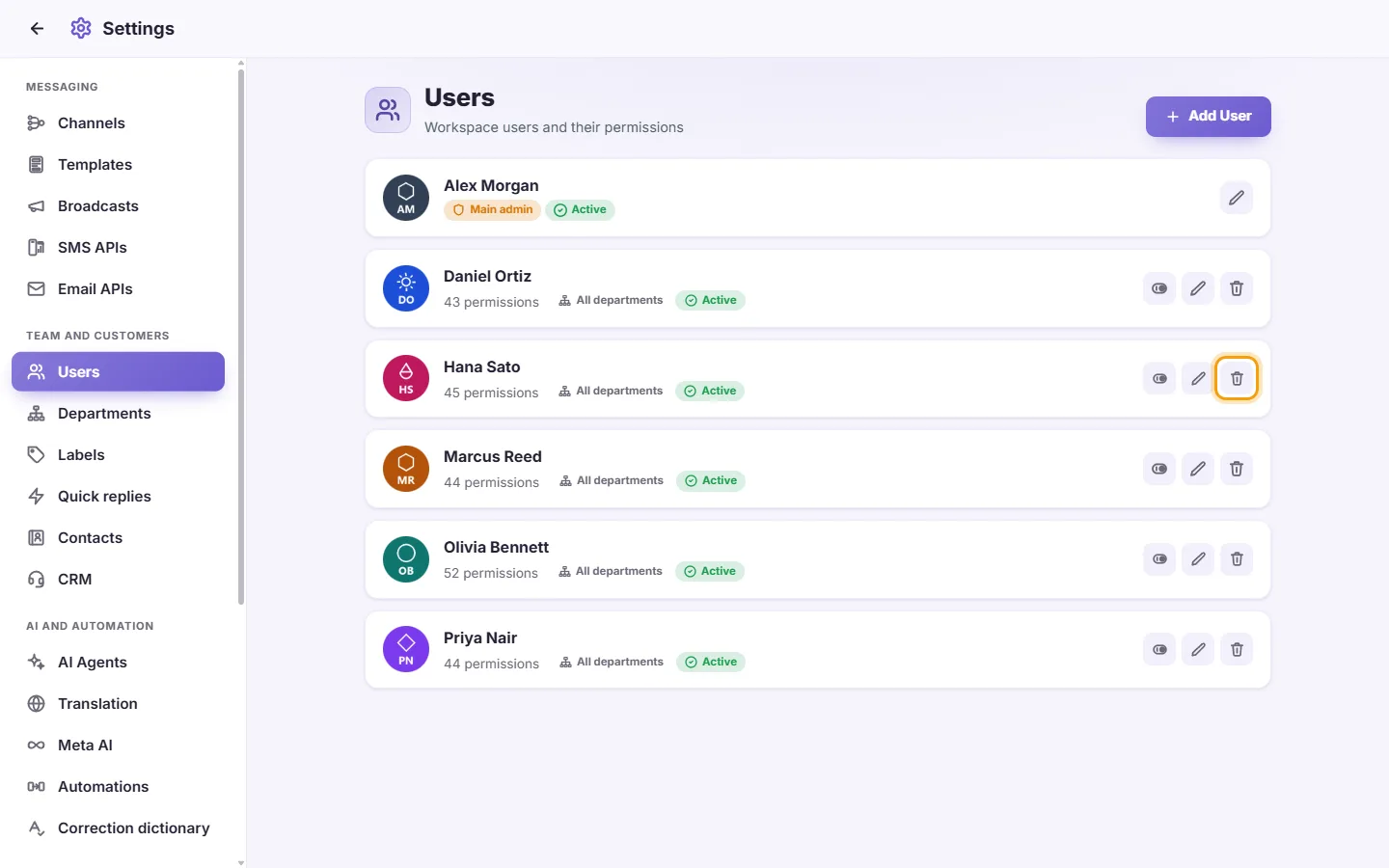 Settings, Users: the Delete button (the bin) on a user's card
