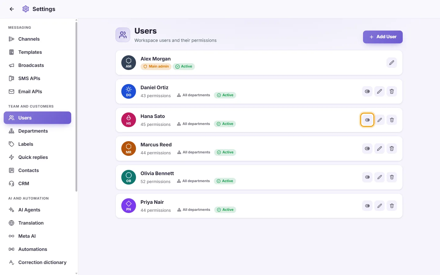 Settings, Users: the Enable / Disable switch on a user's card